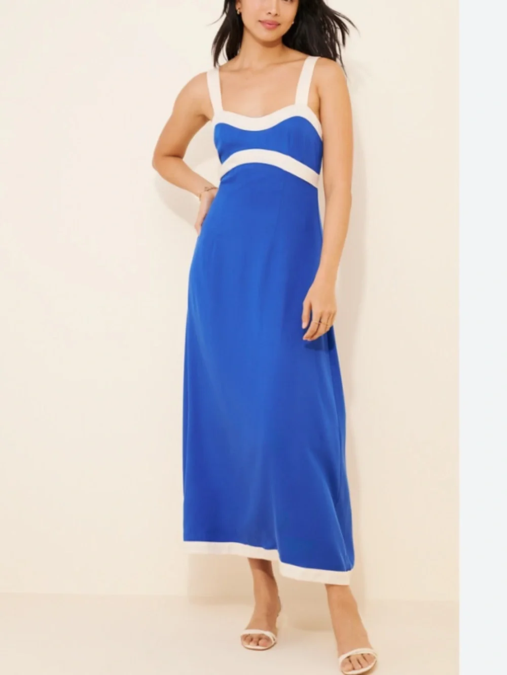 Sancia Amara Blue Midi Dress Cream Trim Sleeveless Resort Coastal 38423